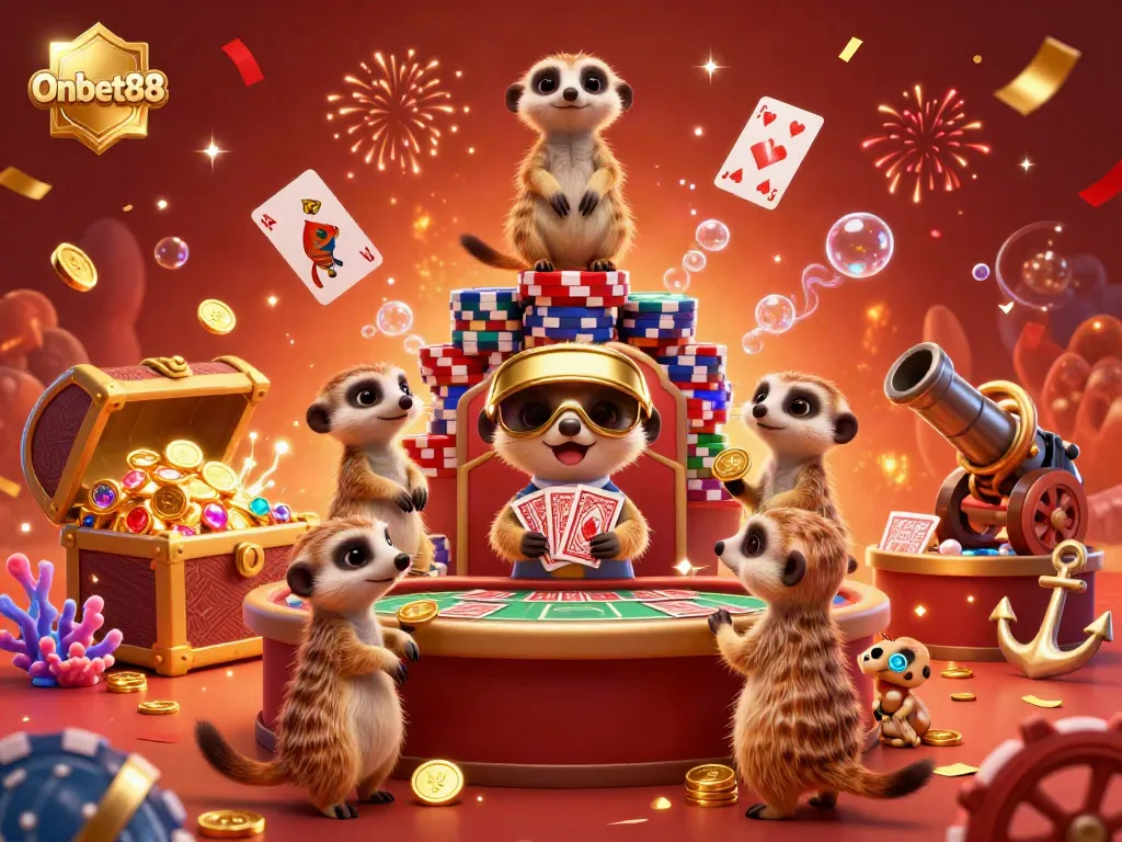 Engage with the vibrant Onbet88 casino scene featuring playful meerkats managing games and treasures.