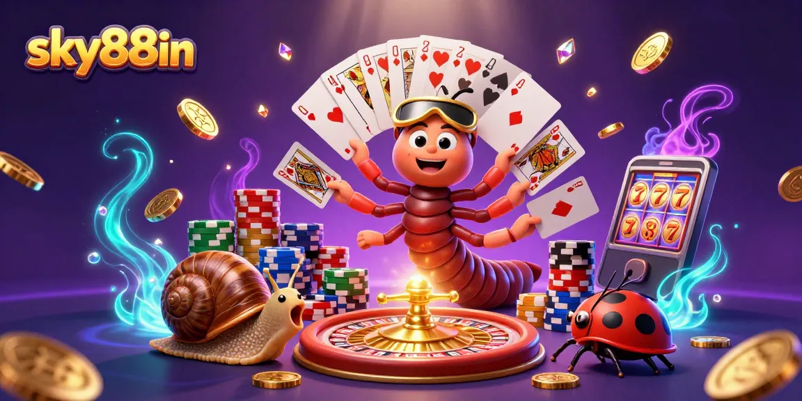 Engage with sky88in's thrilling casino scene featuring animated characters, poker hands, and vibrant game elements.