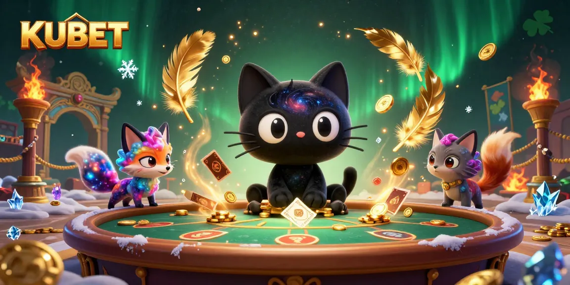 Engage with KUBET's vibrant casino experience, where a cosmic cat and nebula fox play at a galactic table.