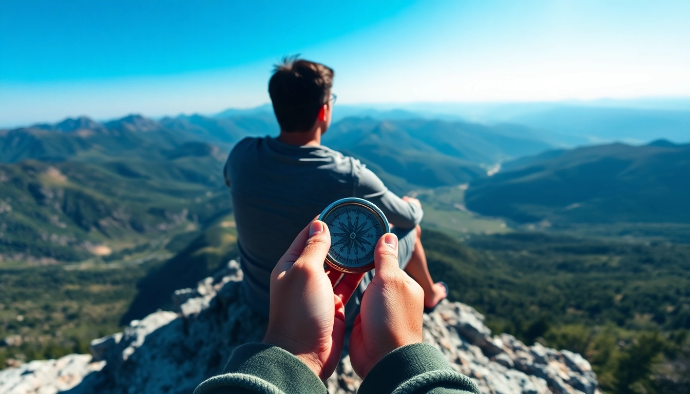 Reflect on the path to Find my true Calling with a person on a mountain holding a compass.