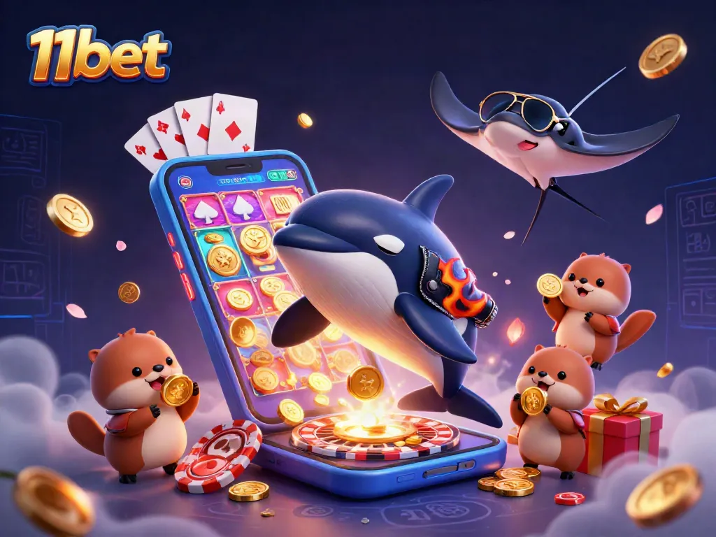 Experience the thrill of 11bet with animated characters enjoying casino games and big wins.