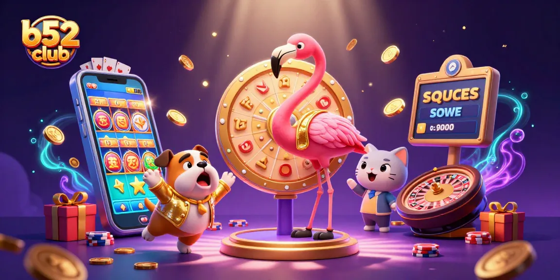 Join the excitement at b52 club, where a flamingo host spins a jackpot wheel amid thrilling casino elements.