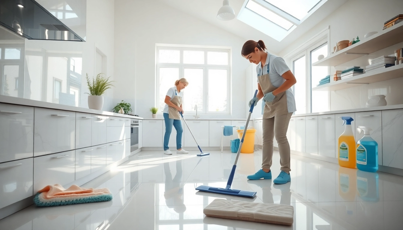 Bond cleaning team diligently scrubbing surfaces in a spotless kitchen environment.