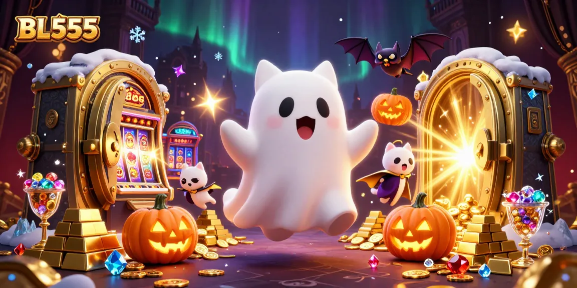 Win big at BL555 with a ghost cat in a haunted casino, surrounded by treasures and classic games.