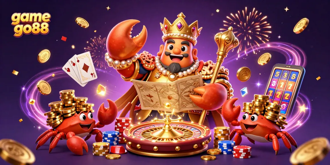 Experience game go88 with a vibrant scene of a golden crab emperor amidst exciting casino elements.