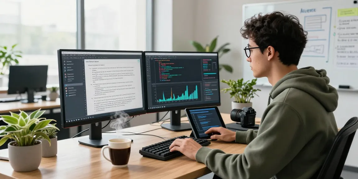AI Detector workspace scene with software engineer analyzing AI-generated text in a modern office setting.