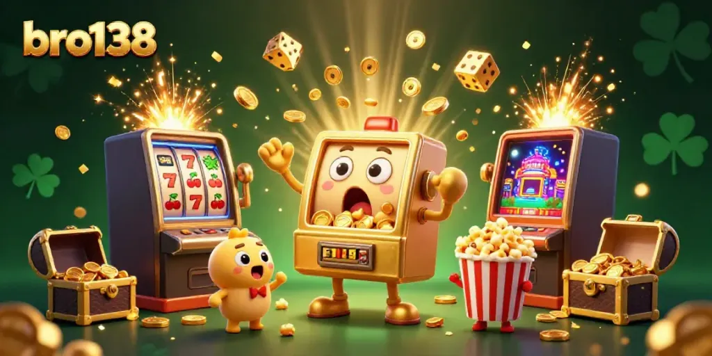 Experience big wins at bro138 with a lively golden slot machine hitting the jackpot amid a cascade of coins.
