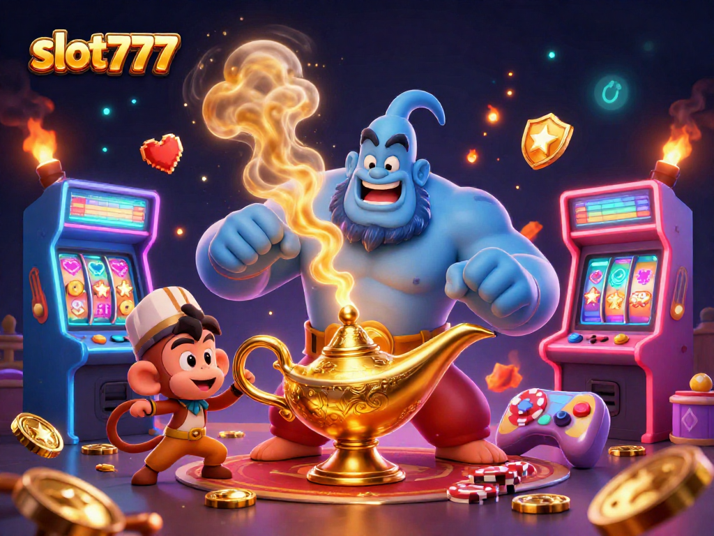 Play and win at slot777 with a captivating 3D animation of casino-themed characters and elements.