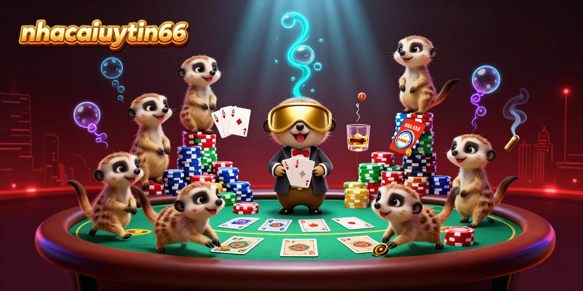 Engage in thrilling casino action with meerkats at nhacaiuytin66’s vibrant gaming scene, showcasing poker excitement.