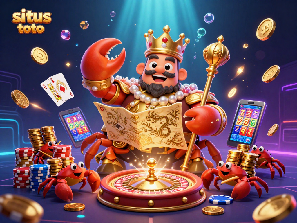 Engage with situs toto as the golden crab emperor leads the way in a lively casino scene.