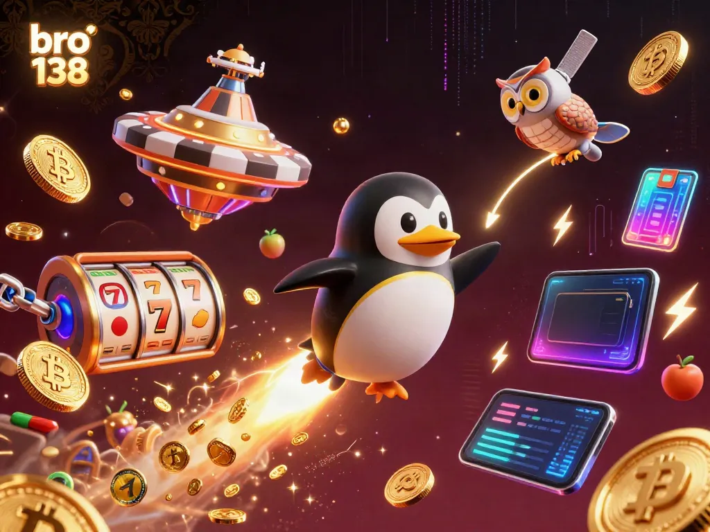 Engage with bro 138 and win big at the vibrant casino space station filled with golden penguins and slot machines.