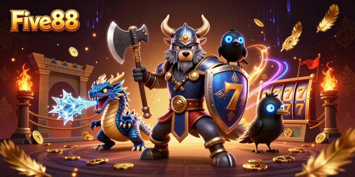 Engage with Five88's lively 3D casino scene featuring heroes, dragons, and gambling symbols.