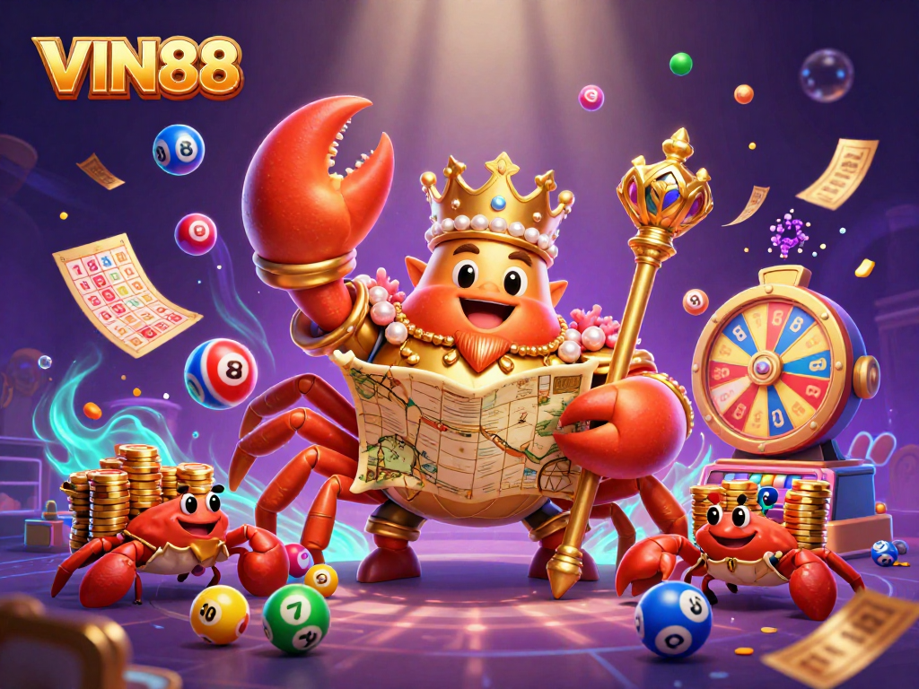 Experience VIN88's captivating gaming adventure with a golden crab emperor amidst vibrant lottery elements.
