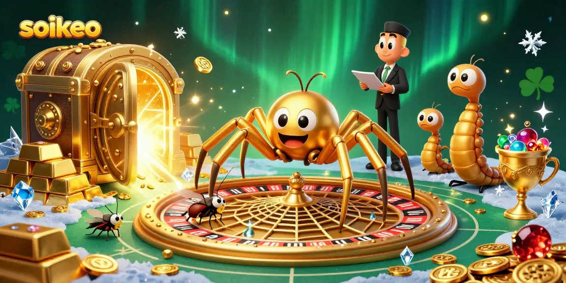 Spin with soikeo at a vibrant casino illustrated with rich details, including a roulette web and treasures.