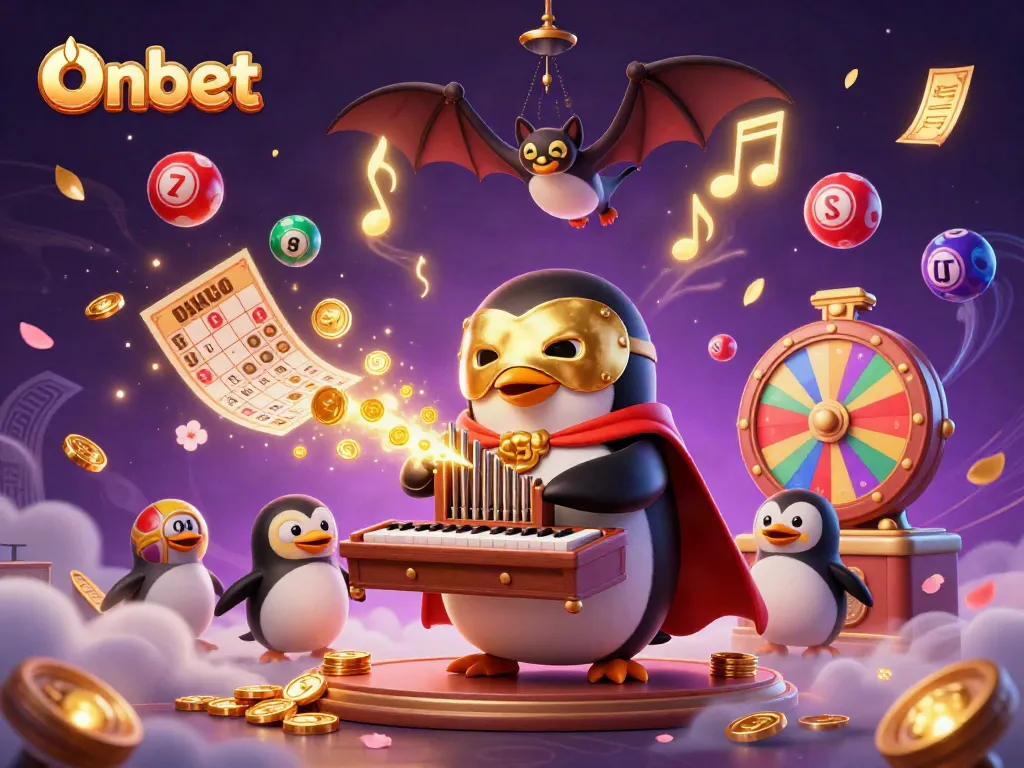 Experience Onbet's thrilling casino atmosphere with golden coins and lottery excitement in a vibrant illustration.