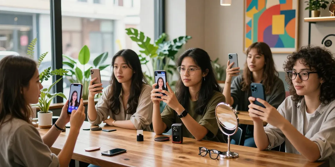 Engaging scene where people test attractiveness using mobile devices in a vibrant café.