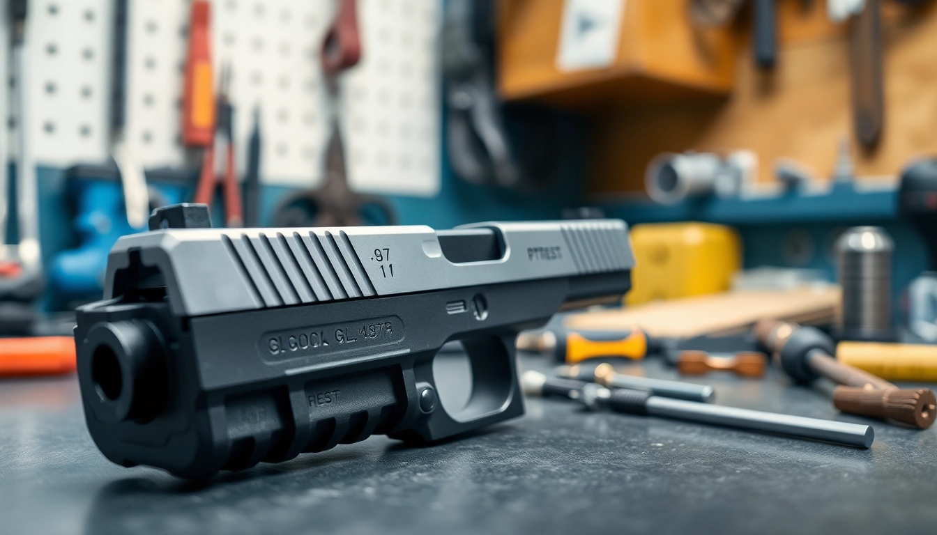 Shop glock 17 slide for sale featuring precision craftsmanship in a workshop.