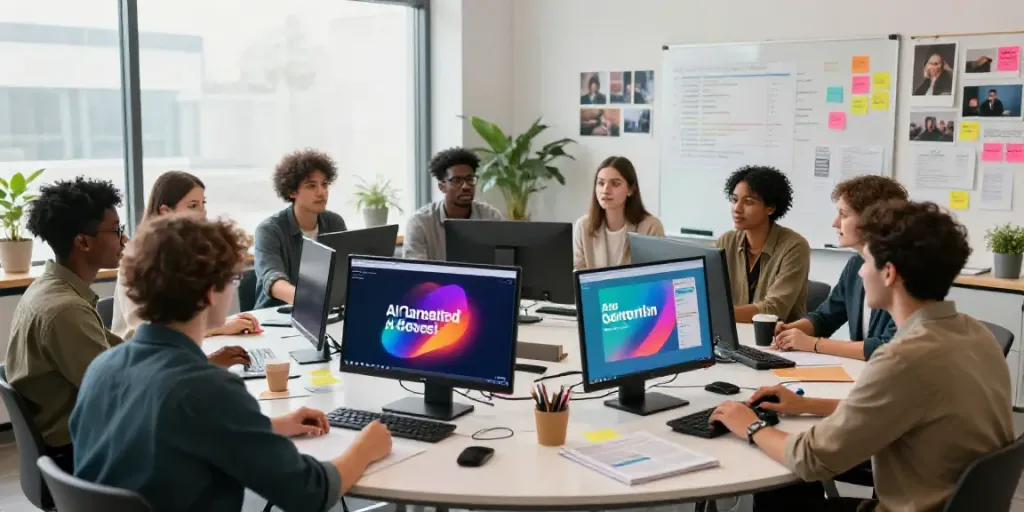Team collaborating on AI generated ad headlines in a modern creative studio