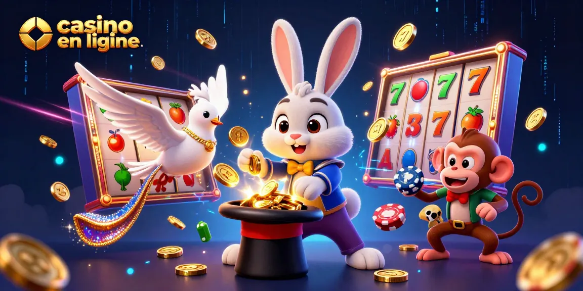 Gagnez au casino en ligne avec l'illustration d'un magicien et des jeux de machines à sous.
