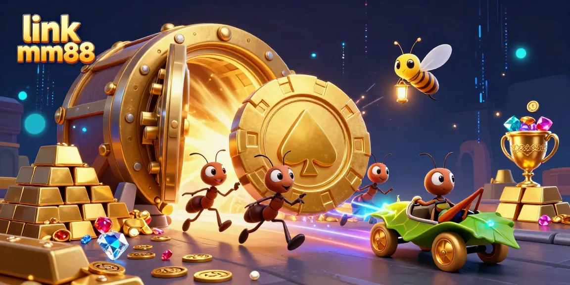 Catch winning opportunities with link mm88 in a vibrant 3D casino heist scene featuring ants and treasures.