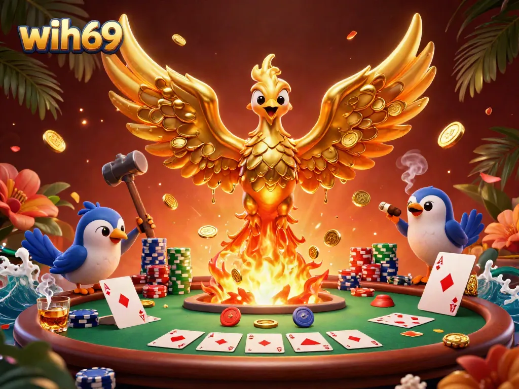 Mendapatkan hadiah menarik di wih69 saat bermain slot dengan phoenix emas yang memancarkan koin.