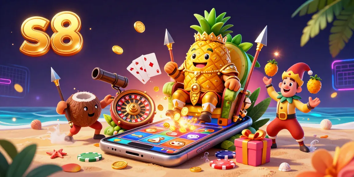 S8 inspires excitement with a vibrant scene of the golden pineapple king ruling a beach casino, showcasing action-packed gameplay.