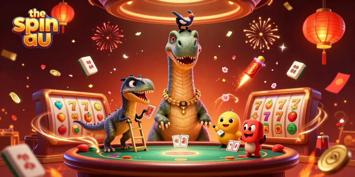 Experience the spin au in a lively casino scene featuring a brontosaurus and playful raptor