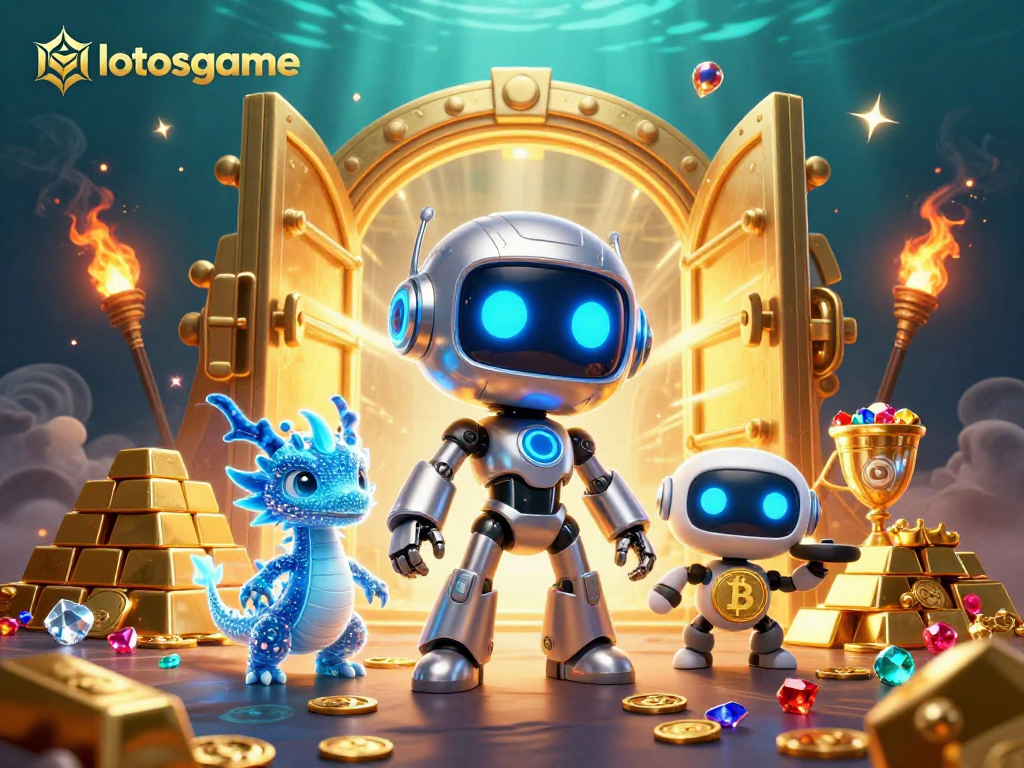 Engage with lotosgame's vibrant casino adventure featuring a cyberpunk robot and treasure elements.