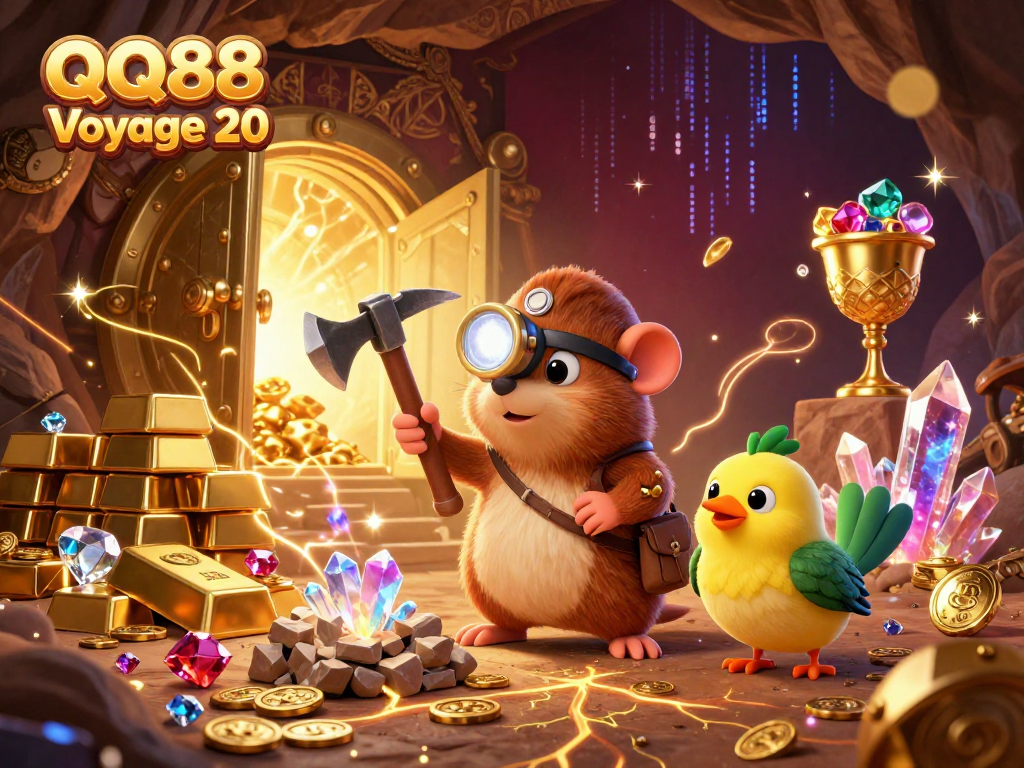Experience exciting treasures with QQ88 Voyage 20, featuring a treasure hunter mole and canary in a vibrant gambling scene.