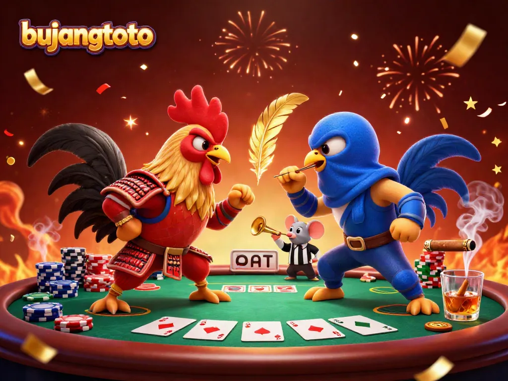 Engage in exciting bujangtoto gaming with fighting roosters in action at a vibrant casino scene.