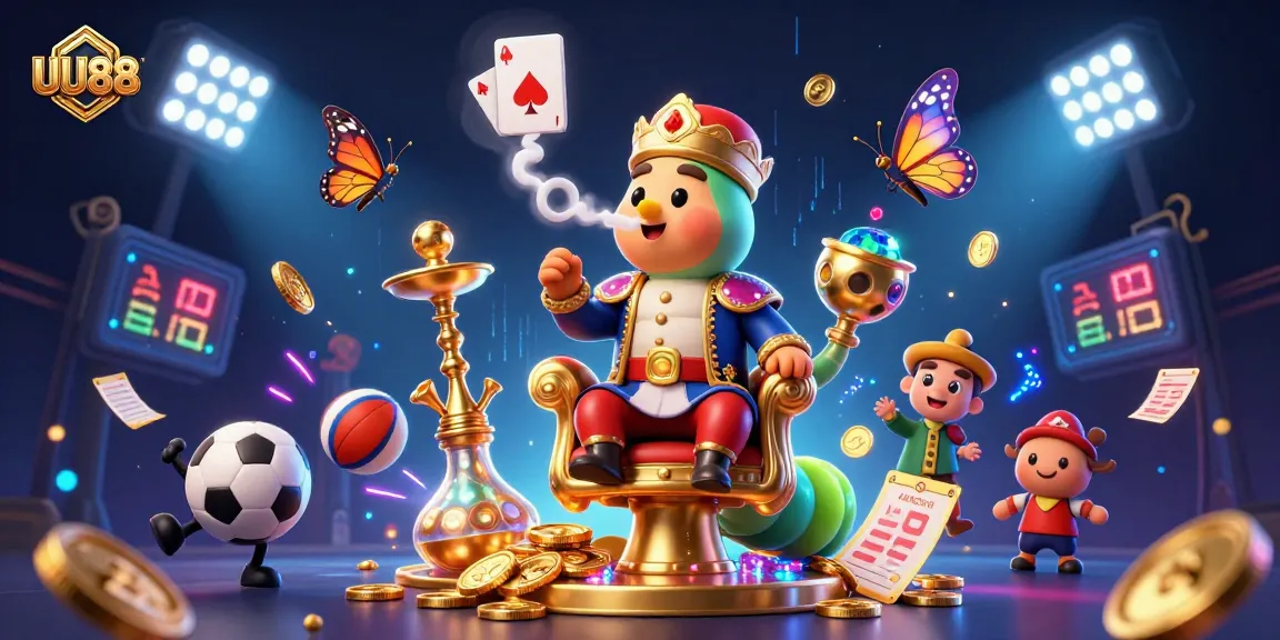 UU88 enhances gaming excitement with a vibrant scene depicting a caterpillar master amidst dynamic sports elements.