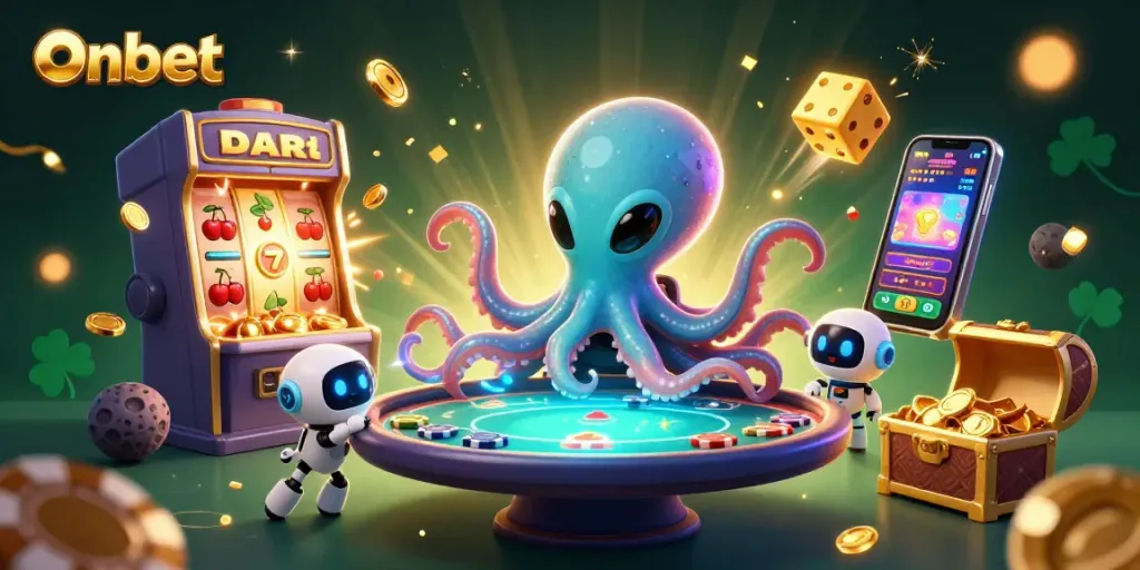 Onbet alien octopus operating a holographic poker table amidst vibrant casino elements.