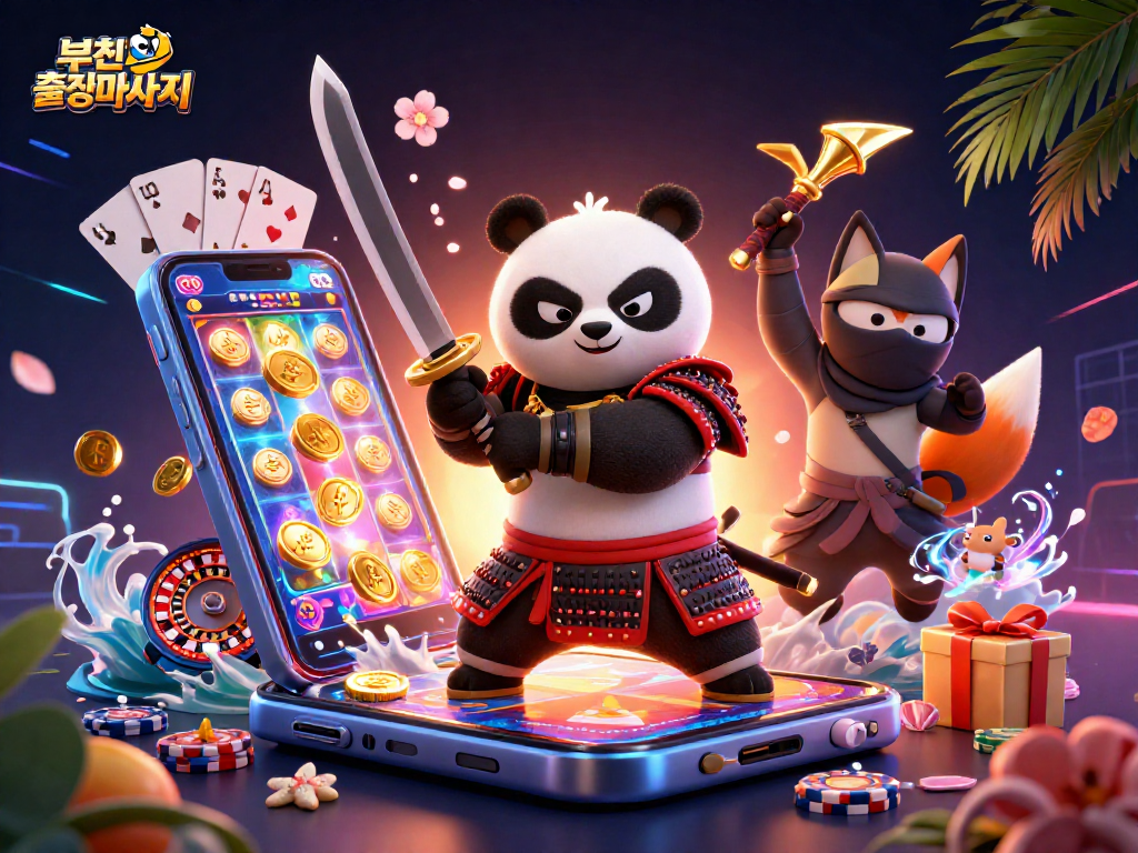 Experience the thrill of 부천출장마사지 with vibrant casino elements featuring a samurai panda and ninja fox.