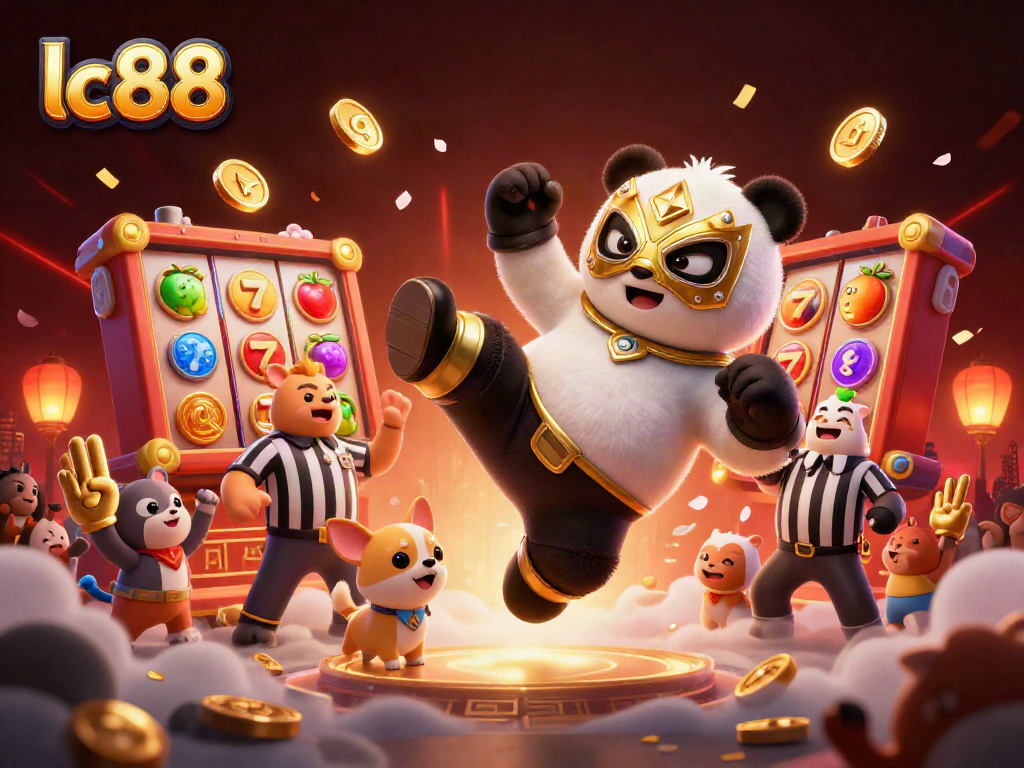 Exciting lc88 casino scene with a wrestling panda and chihuahua referee amid colorful slot machine elements and lively crowd.