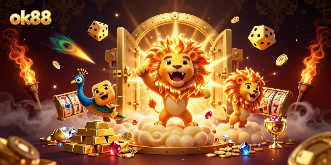 Win big at ok88 with a vibrant 3D casino scene featuring golden treasures and animated characters.