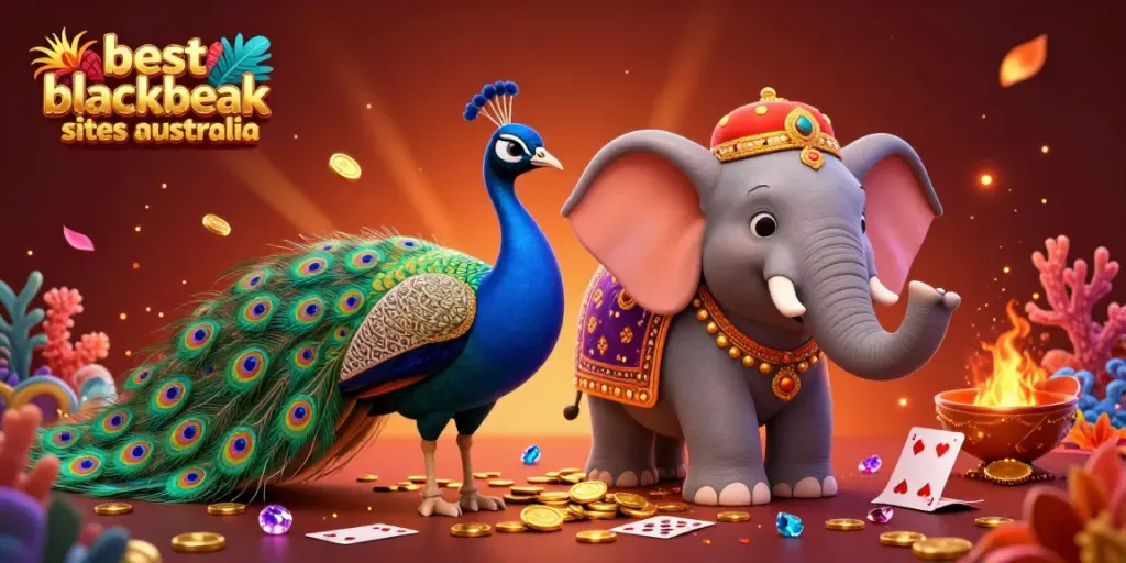 Experience best blackjack sites australia with colorful peacock and decorated elephant in vibrant casino-themed illustration.