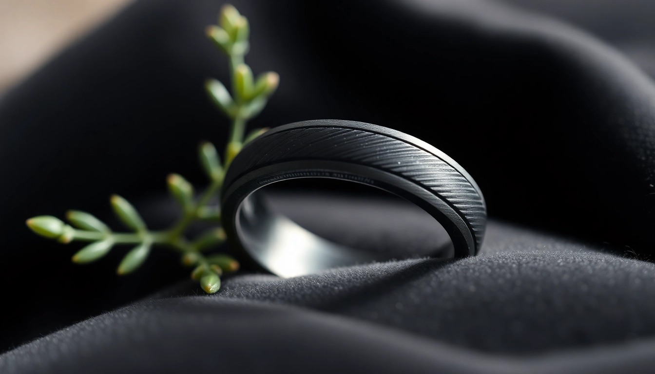 Showcase a stunning Black Zirconium Rings placed elegantly against a dark velvet backdrop.