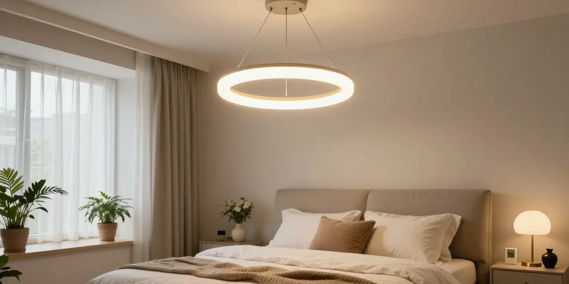 Lustra dormitor elegantă ce oferă o iluminare caldă unei camere moderne, completată de detalii sofisticate.