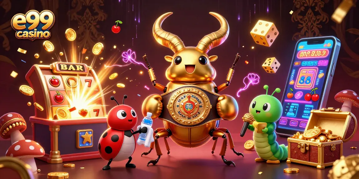Experience excitement at e99 casino with a golden stag beetle battle illustration.