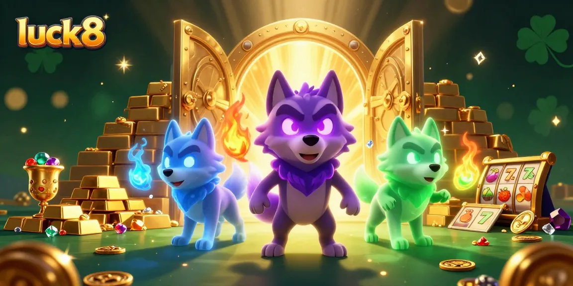 Engage in thrilling luck8 slot adventures with a vivid illustration of purple-eyed wolf leaders amidst treasure.