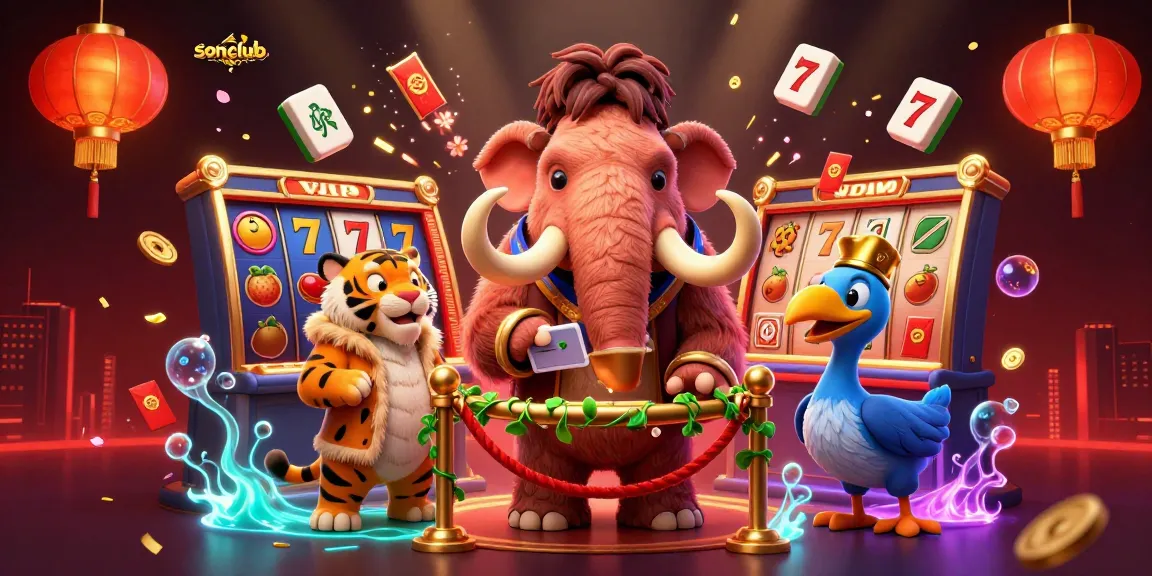 Experience the vibrant sonclub environment with a cartoon mammoth bouncer and a saber-tooth tiger guest in this engaging casino scene.