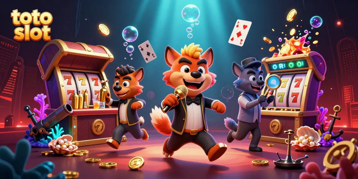 Kegembiraan toto slot dengan hyena lucu di kasino, menari dan bercerita sambil bermain slot.