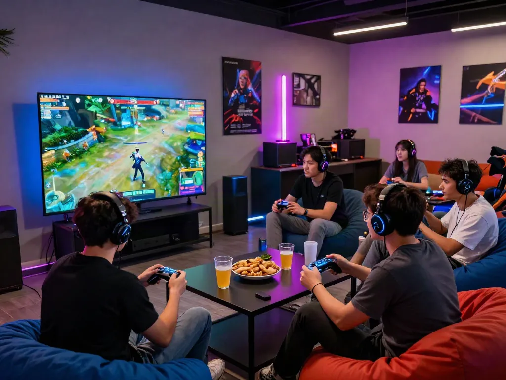 Diana4d: Teman-teman asyik bermain game multiplayer di lounge modern dengan suasana seru.