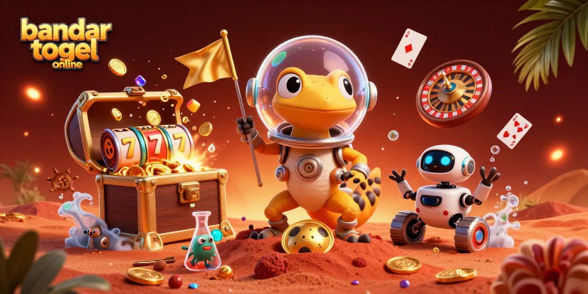 Experience the excitement of bandar togel online with vibrant characters discovering a buried casino in a vivid Martian landscape.