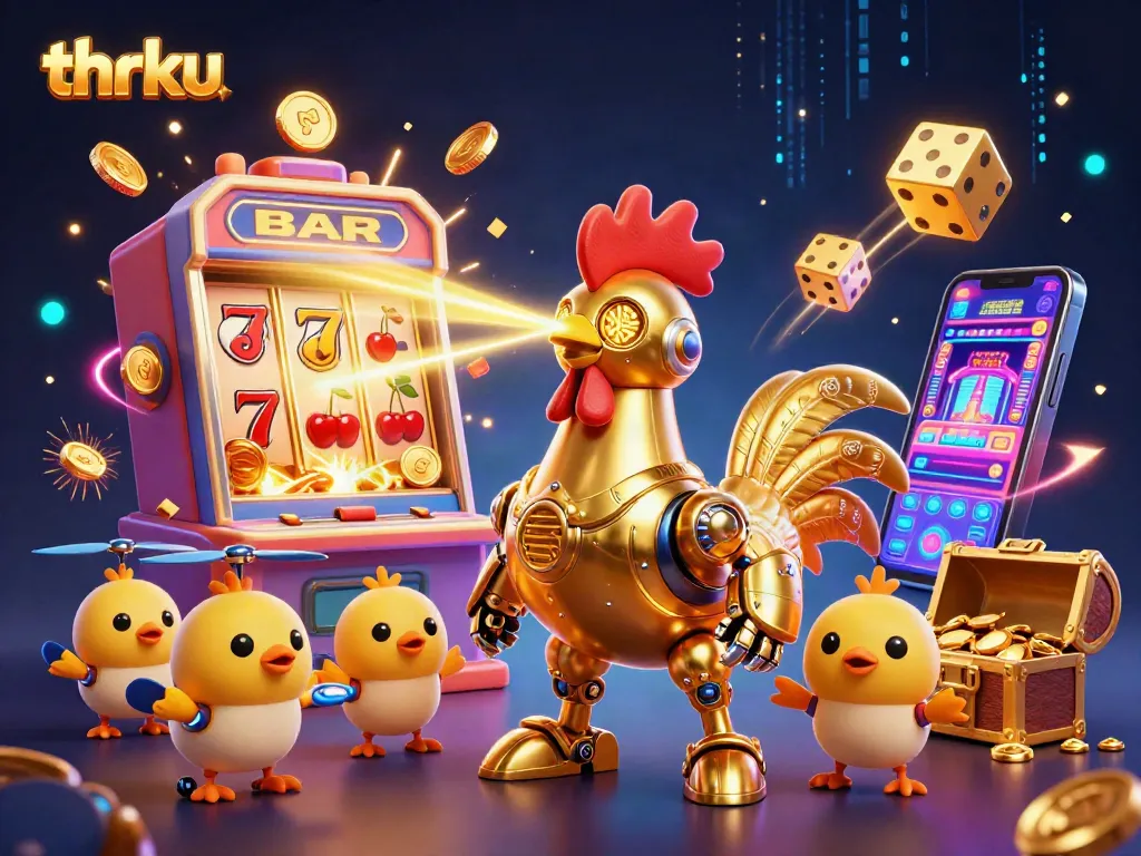 Thrku gamified with a golden rooster robot shooting lasers amidst lavish casino elements.