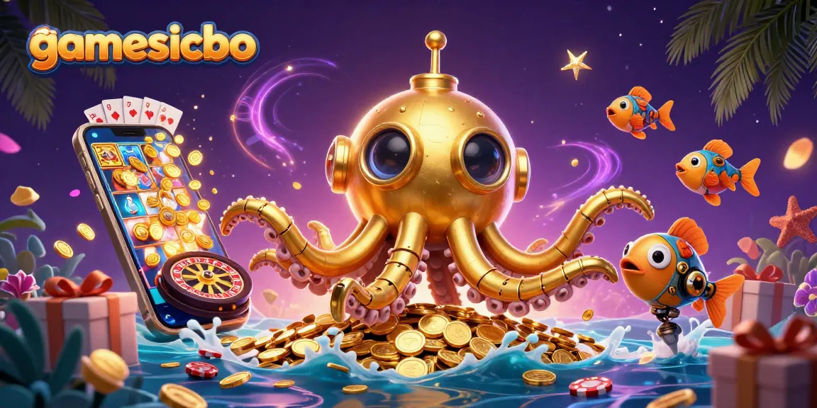 Join the vibrant action at gamesicbo with a golden kraken submarine amid spinning slot games.