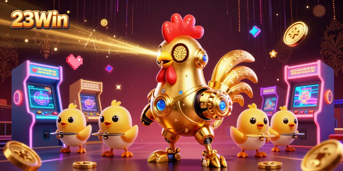 Experience the thrill of gaming with 23Win's vibrant 3D illustration featuring a unique golden rooster robot.