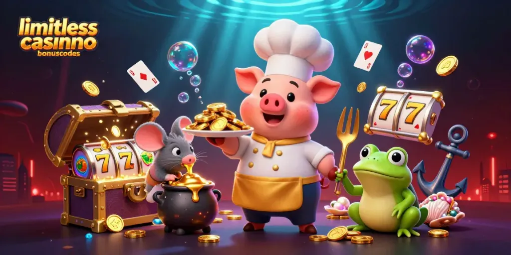 Experience limitlesscasinobonuscodes with festive gold coins and gaming excitement in a vibrant 3D illustration.
