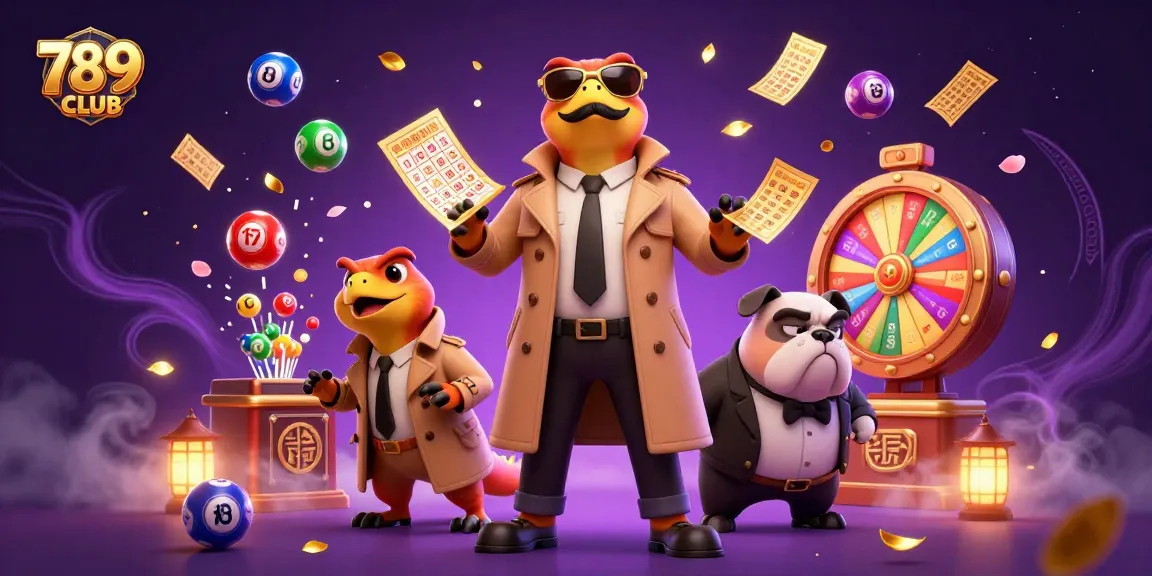 Experience thrilling fun at 789CLUB with three raptors attempting VIP casino entry surrounded by lottery balls and golden prizes.