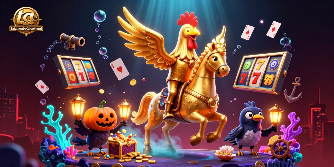 taigamebaidienthoai showcases an enthralling casino scene with a golden rooster and animated treasures.